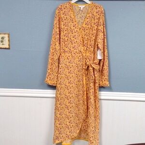 Time and Tru Yellow Floral Wrap Midi Dress